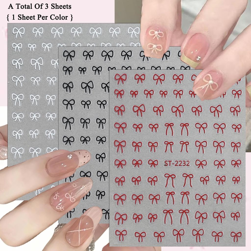 2 To 30 Sheets Transparent Bow Nail Stickers 3D White Pink Black Gold Lace Ribbon Nail Art Decals for DIY Manicure