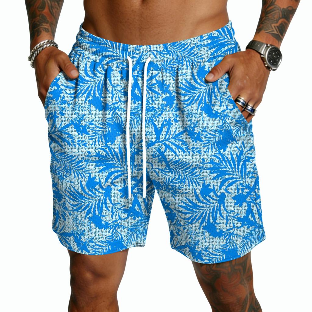 Pantaloncini da uomo a stampa hawaiana ad asciugatura rapida - Pantaloncini casual leggeri con coulisse e tasche, Costumi da bagno estivi da spiaggia di media lunghezza