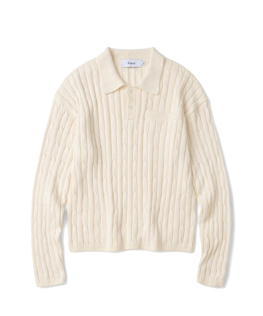 KNITTED Open Collar Pocket Cable Knit Cream