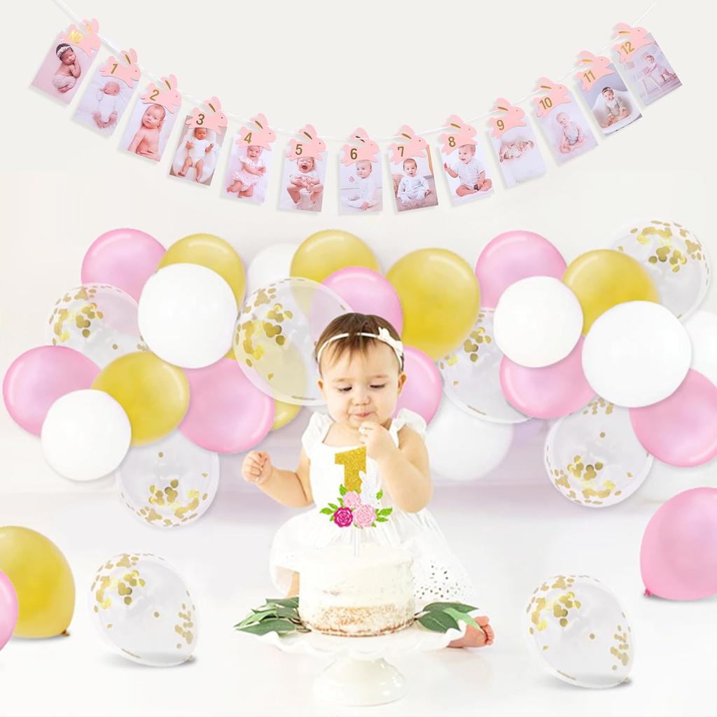 Bunny 1st Birthday Monthly Milestone Photo Banner - Some Bunny Is One Newbron To 12 Months Photo Banner for Grils, Easter 1st Birthday Decorations,