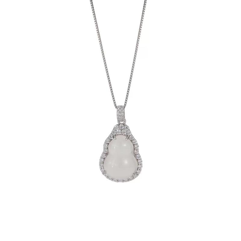 

Meili 925 Silver White Agate Gourd Pendant Necklace for Women , New Chinese Style Blessing Diamond Inlaid Minimalist Jew 925