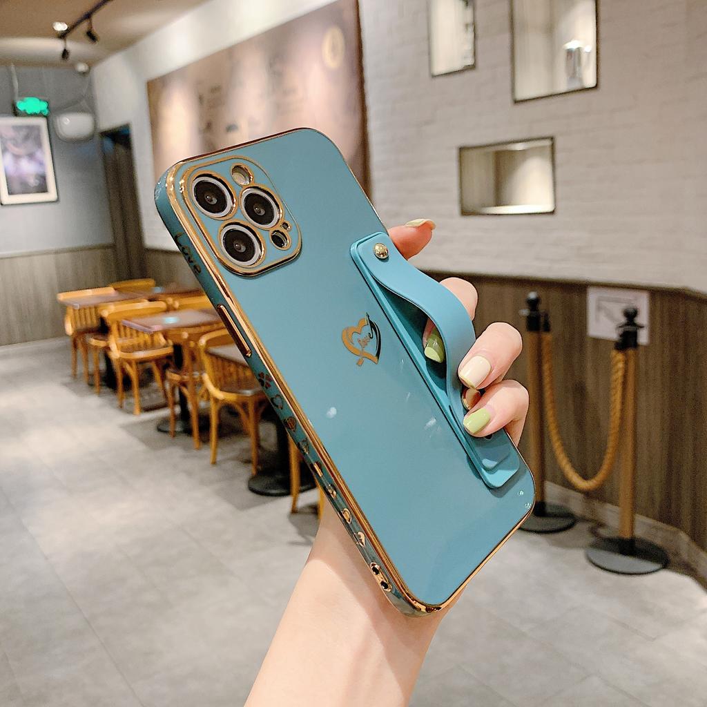 Applicable To iPhone17 Mobile Phone Case New Electroplated 6D Straight Edge Side Love Wristband Bracket Apple 16 Protective Case