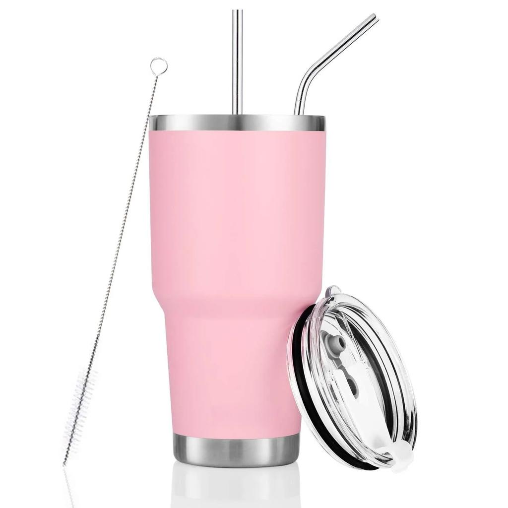 Gobelet 30 oz Double paroi Acier inoxydable Isolé sous vide Mug de voyage avec couvercle anti-éclaboussures Paille en métal et brosse
