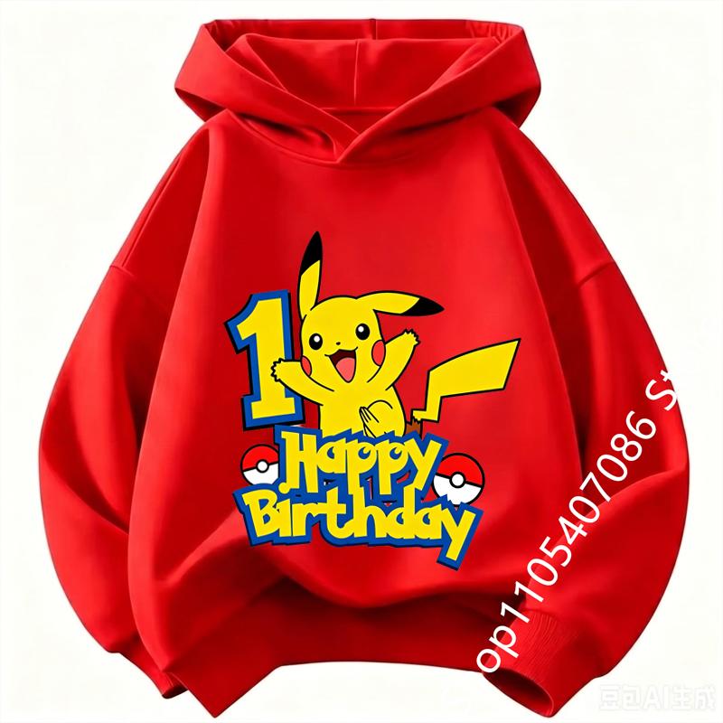 Children Pikachu Birthday Number 1-9 kid hoodie Boys Girls Casual Short Sleeves Tops Summer Kids long-sleeved hoodie