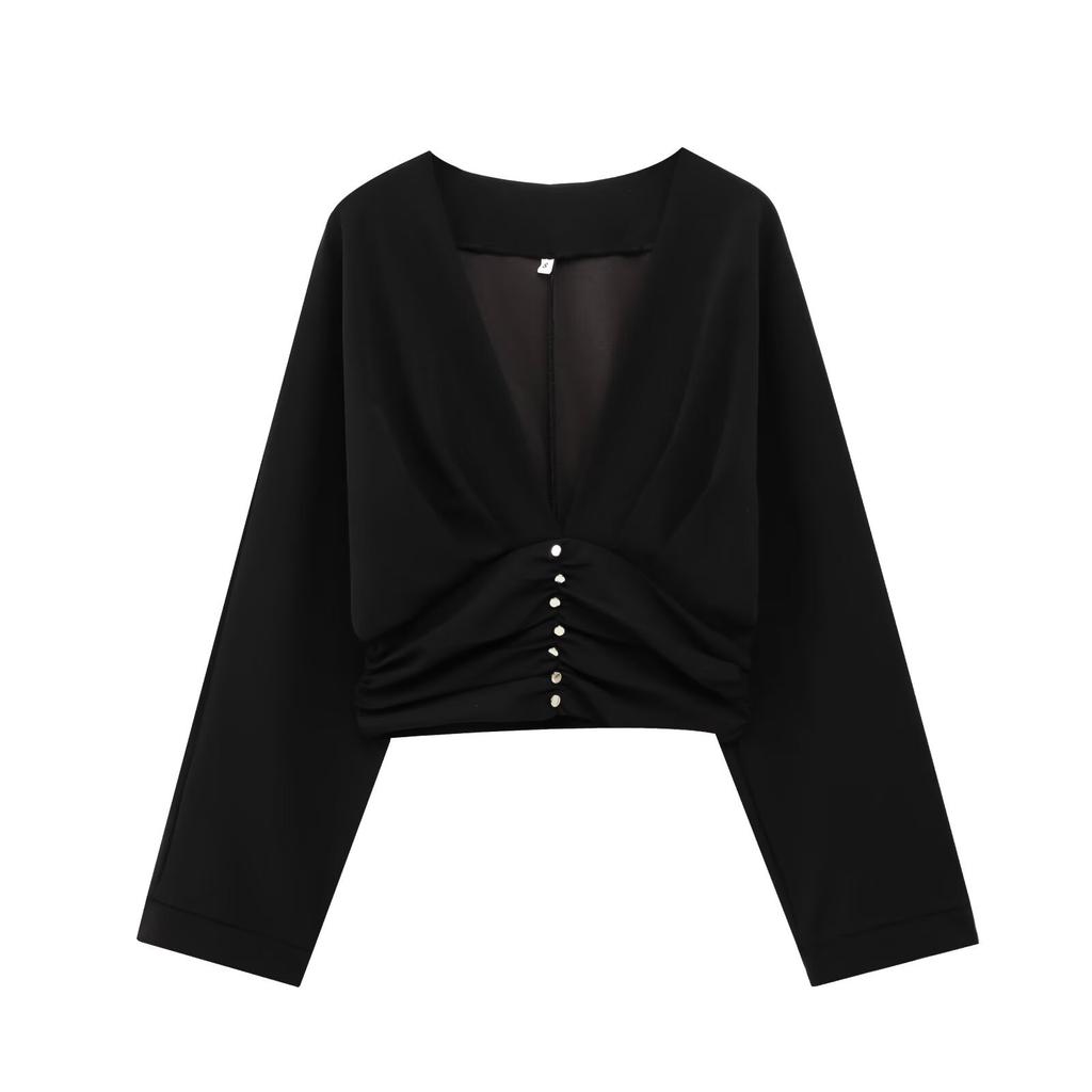 ZR1116 European and American Summer Women's Clothing V-neck Pure Desire Wind Slim-fit Cardigan Pleated V-neck Shirt Top Women