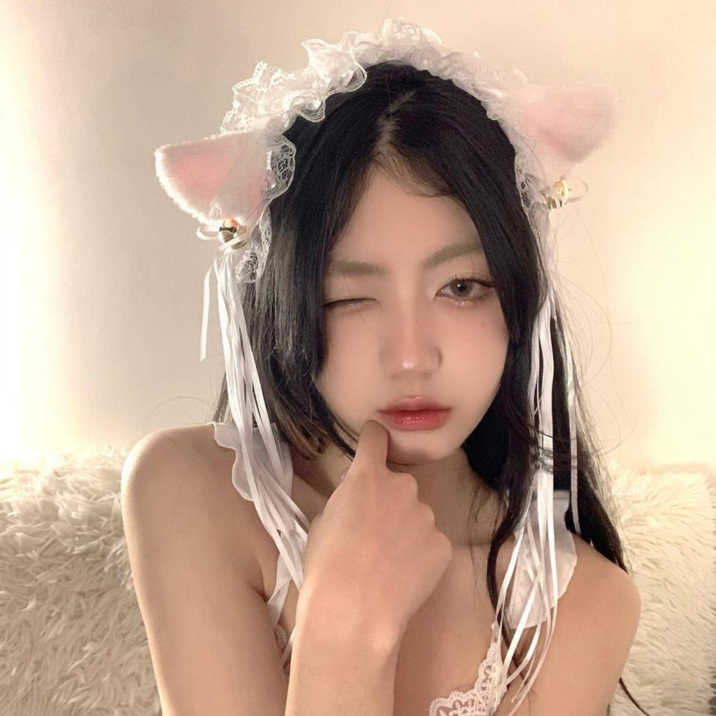 1PC Cute Cat Ear Headband for Women, Cosplay Lace Black Headband, Animal Ear Bell Hairpin, Lolita Hair Accessory