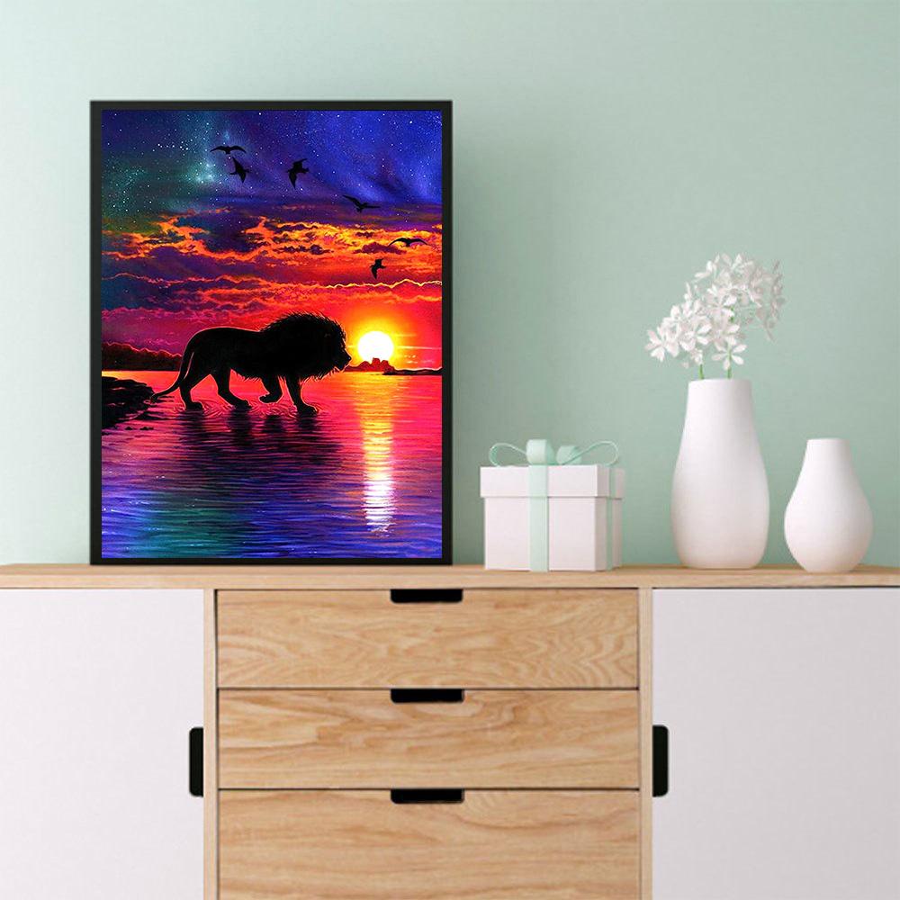 DIY Diamant Malerei Löwe bei Sonnenuntergang Kreuzstich Kit Mosaik Kunst Diamant Malerei Vollkreis/Quadrat Diamant Home Dekoration