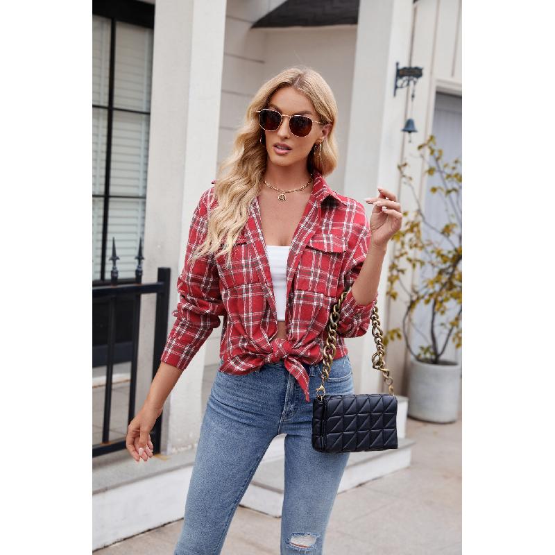 Spring and Autumn Women's New Casual Fashion Loose Plaid Pocket Shirt Jacket