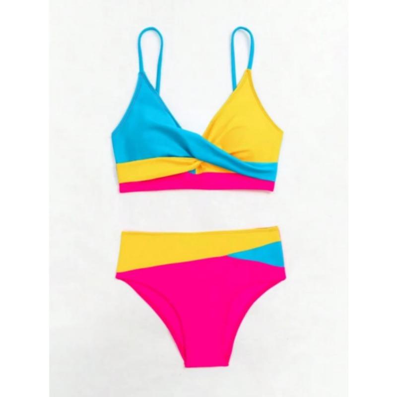 Black White Color Block Twist Front High Waist Bikini Set Spaghetti Strap Two Piece Swimwear