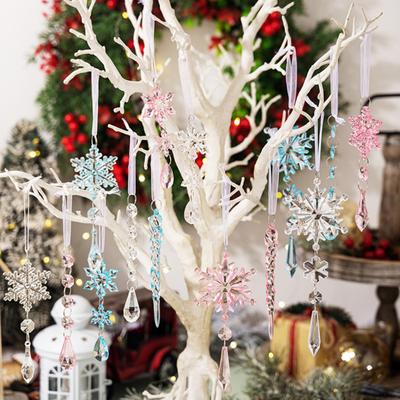 Crystal Christmas Ornaments for Tree Clear Acrylic Snowflake Icicle Ornaments with Drop Pendants for Winter Wonderland Chandelier Xmas Tree Decor