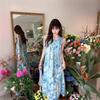 Seaside vacation wind blue butterfly girlish feeling lace-up neck dress female summer small fairy long skirt