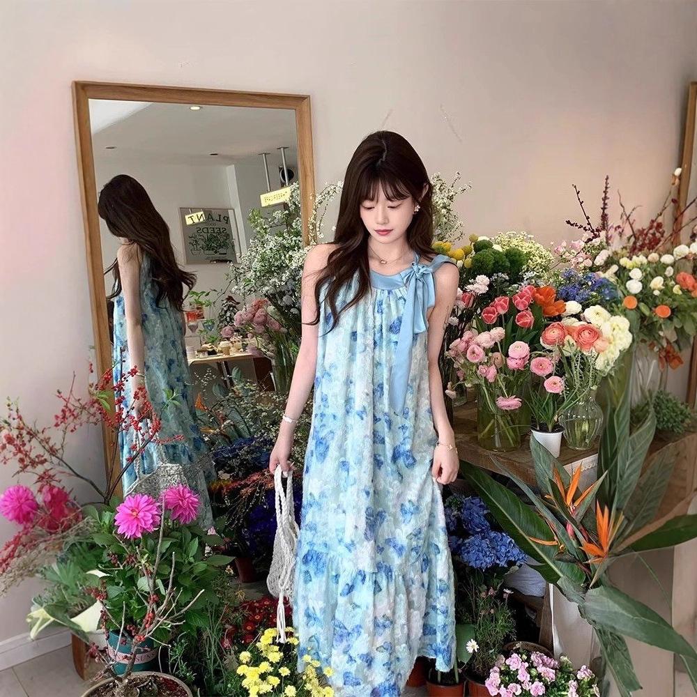 Seaside vacation wind blue butterfly girlish feeling lace-up neck dress female summer small fairy long skirt