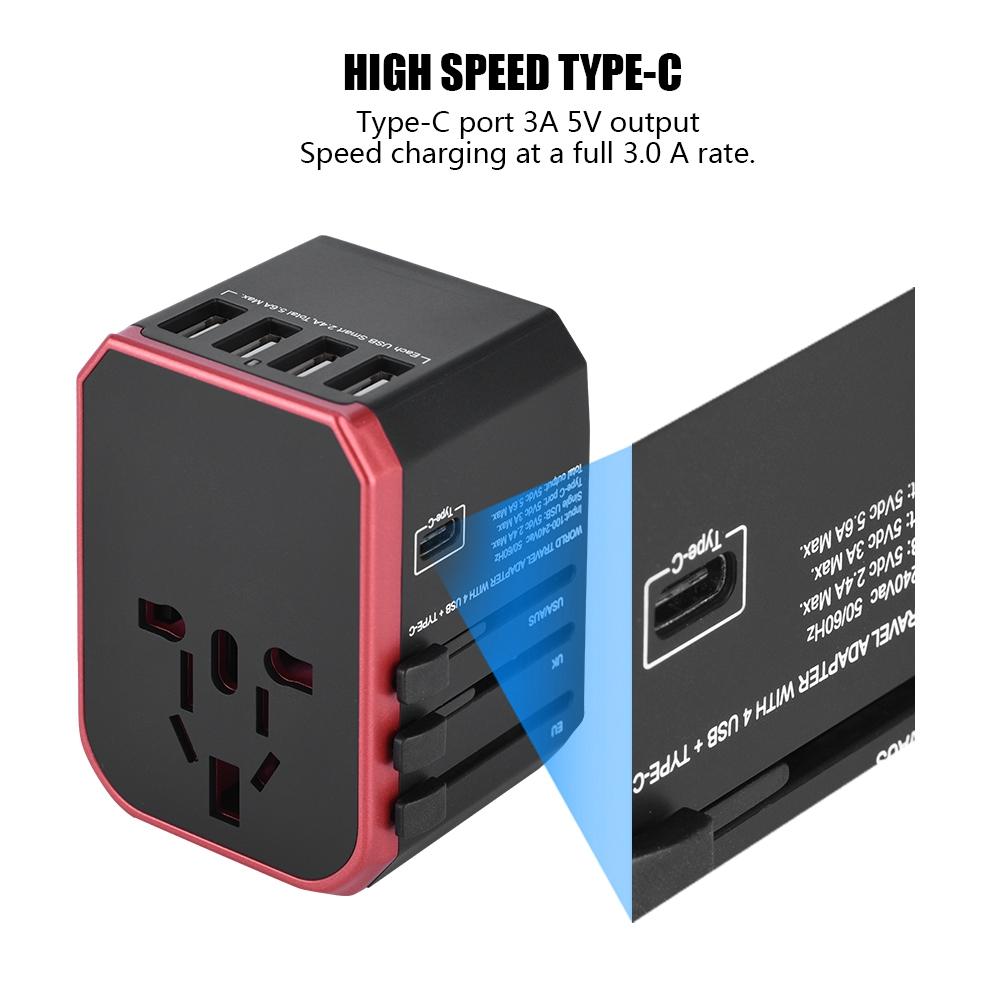 Universal Travel Adapter Plug 4 USB Ports Type C Sockets Converter for (Red)