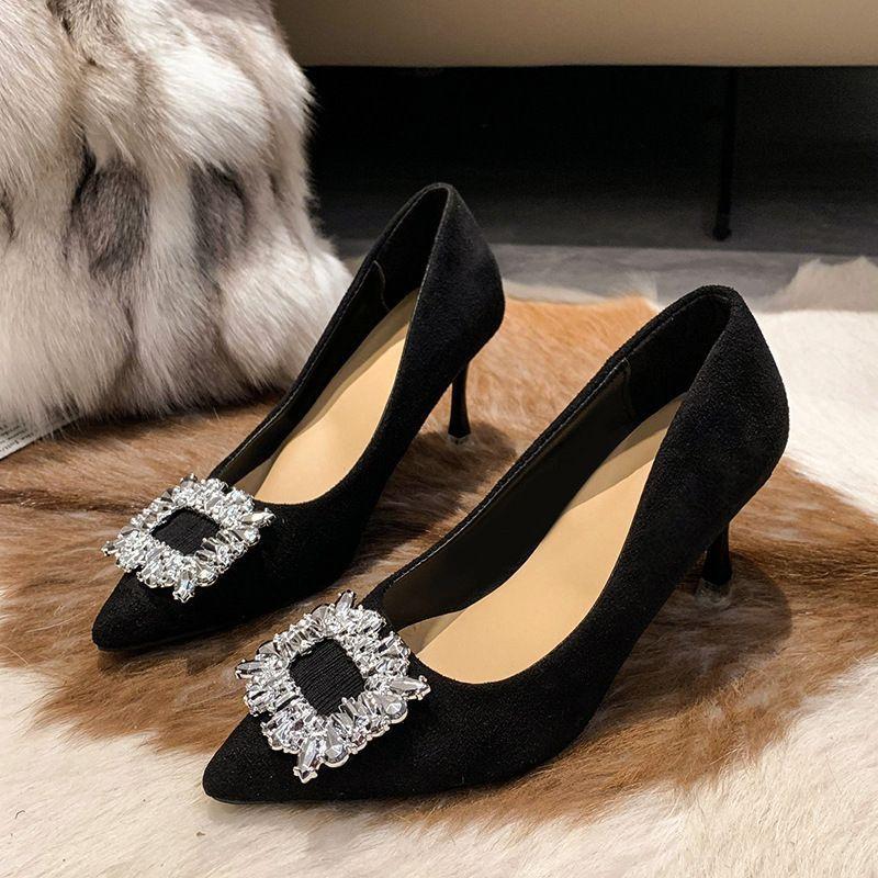 New Rhinestone High Heels Women's Thin Heels Fashion Light Mouth Pointed Single Shoes Black Soft Sole Not Tired Shoes