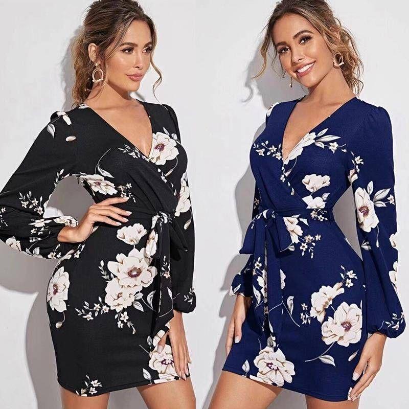 

Cross-Border Foreign Trade European and American Women s Clothing Amazon 2024 Summer V Neck Print Shoelace Cinched Waist Slim-Fit Sheath Dress Black S