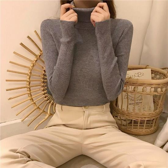Women's Long-Sleeve Knitted Turtleneck Sweater - Slim Fit Solid Color Pullover for 2024 Autumn/Winter.