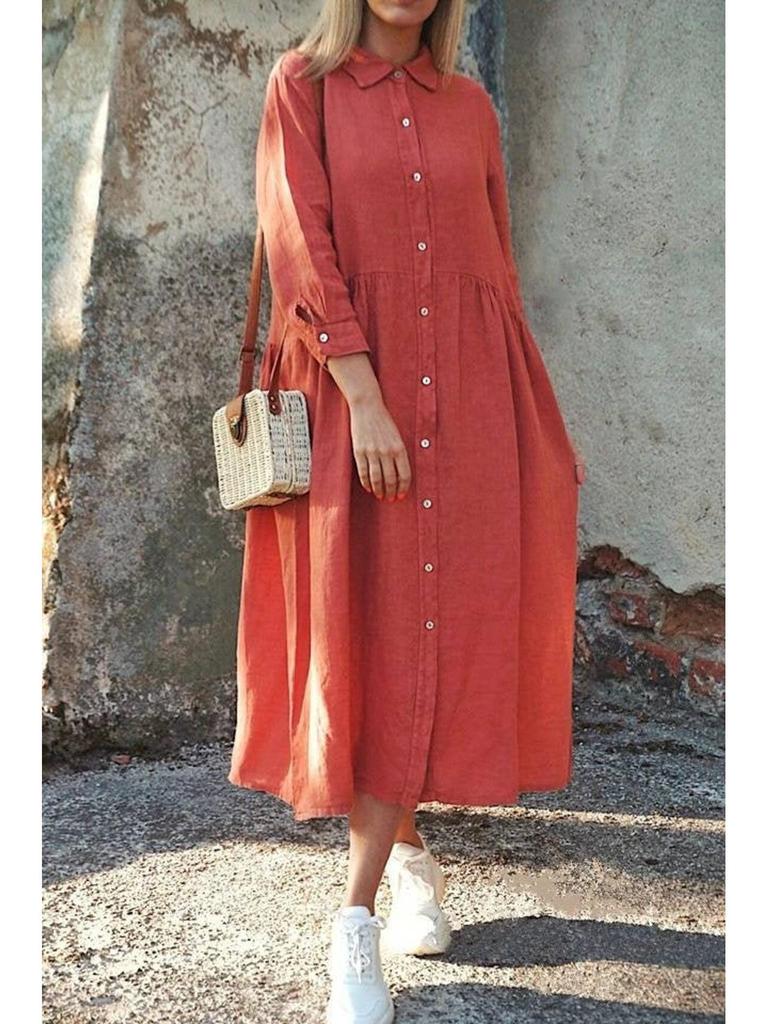 2023 Cotton Linen Solid Color Shirt Collar Long Casual Dress