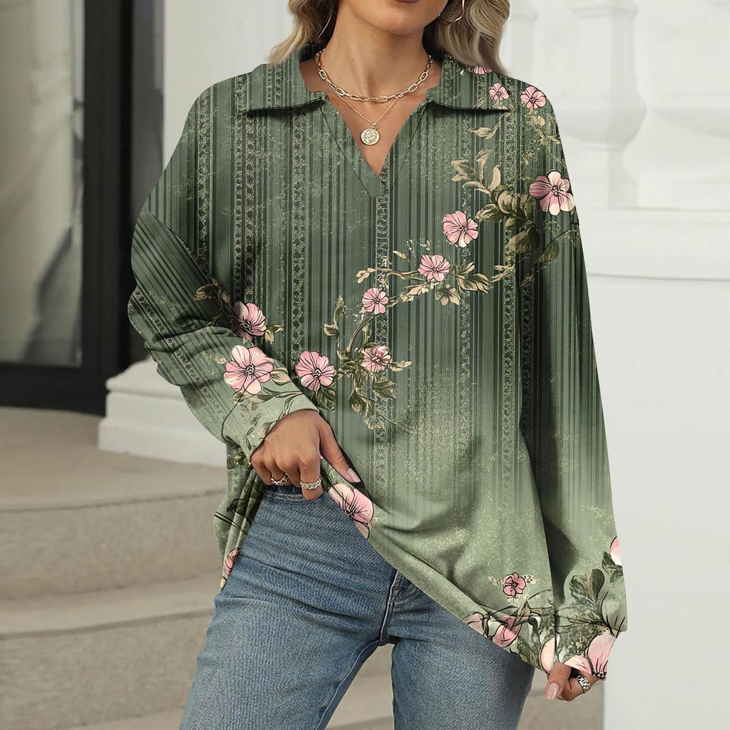 Women's Summer Fashion Casual  Printed V-Neck Long Sleeve Shirt Top