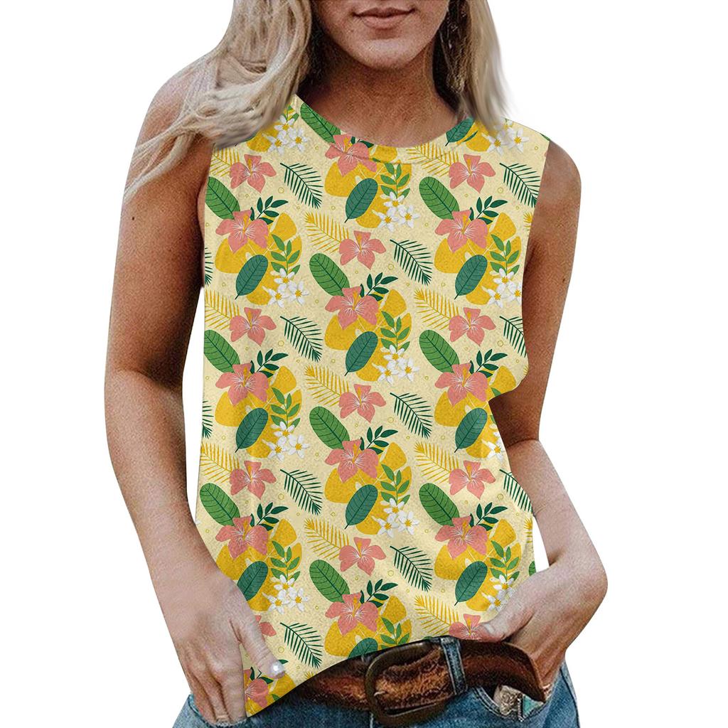 Damen Rundhals Lässig Ärmellos X Hawaiianisch Bedrucktes Westen-T-Shirt Top