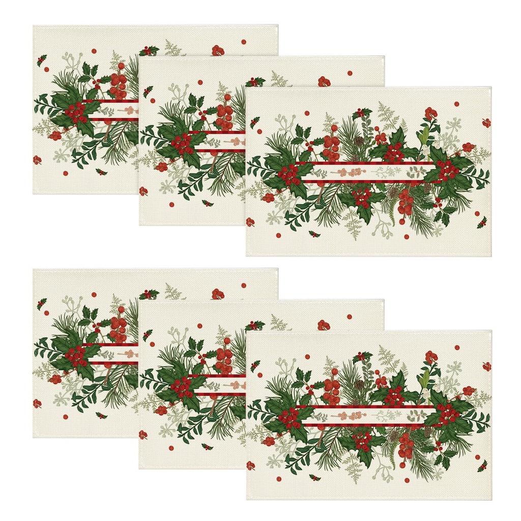 Blätter Stechpalme Weihnachten Tischsets Set von 6, 12x18 Zoll Saisonale Winter-Tischsets für Party Küche Esstisch Dekoration