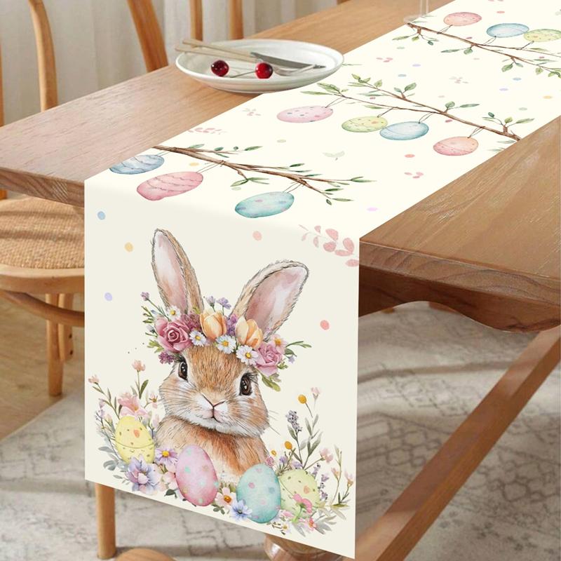 Easter Bunny Table Runner Rabbit Eggs Flower Table Cover Spring Holiday Easter Decorations For Home Kitchen Dining Table Decor
