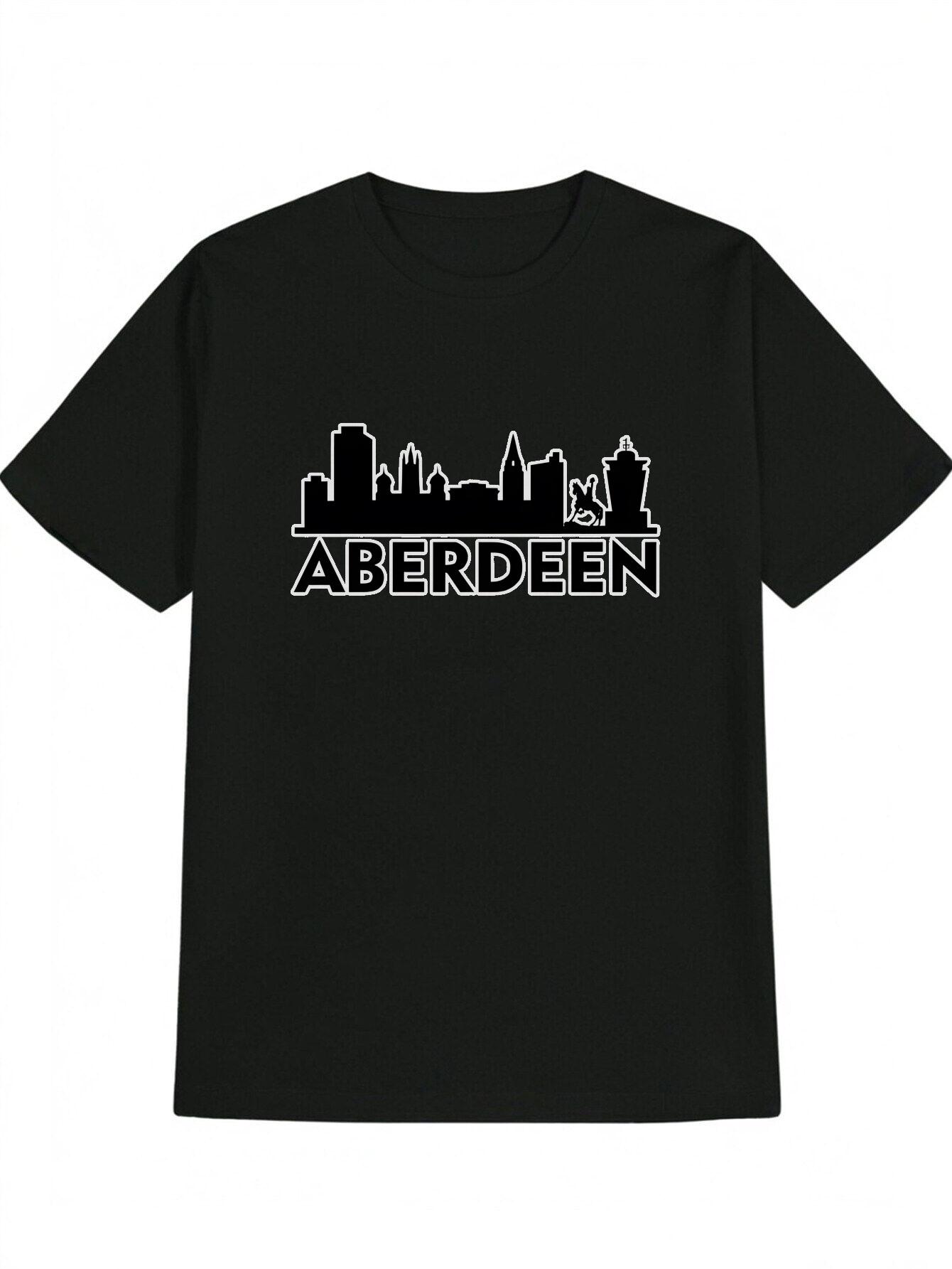Casual Crew Neck T-shirt with Aberdeen City Skyline Silhouette Print - Black M