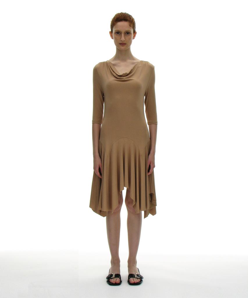 Partimento Woman Cowl Neck Asymmetrical Jersey Dress_Beige