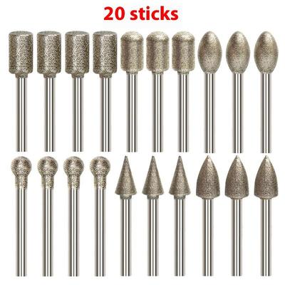 20Pcs Cylindrical Diamond Burr 3mm Shank Grinding Bit Stone Jade Carving Grinding Engraving Drill Bit Rotary Tools