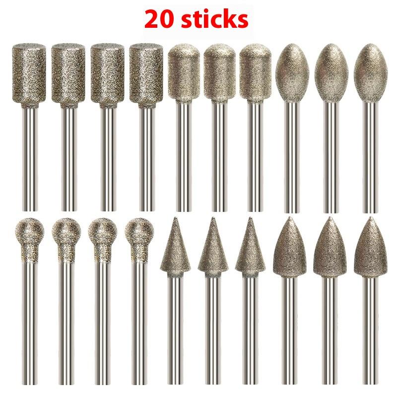 20Pcs Cylindrical Diamond Burr 3mm Shank Grinding Bit Stone Jade Carving Grinding Engraving Drill Bit Rotary Tools