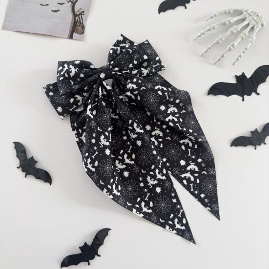 Festive Halloween Hair Accessory Bow Spring Clips for Women, Pumpkin Skeleton Ghost Hand Printed Clip Fabric Barrettes, Cute Horror Accessories