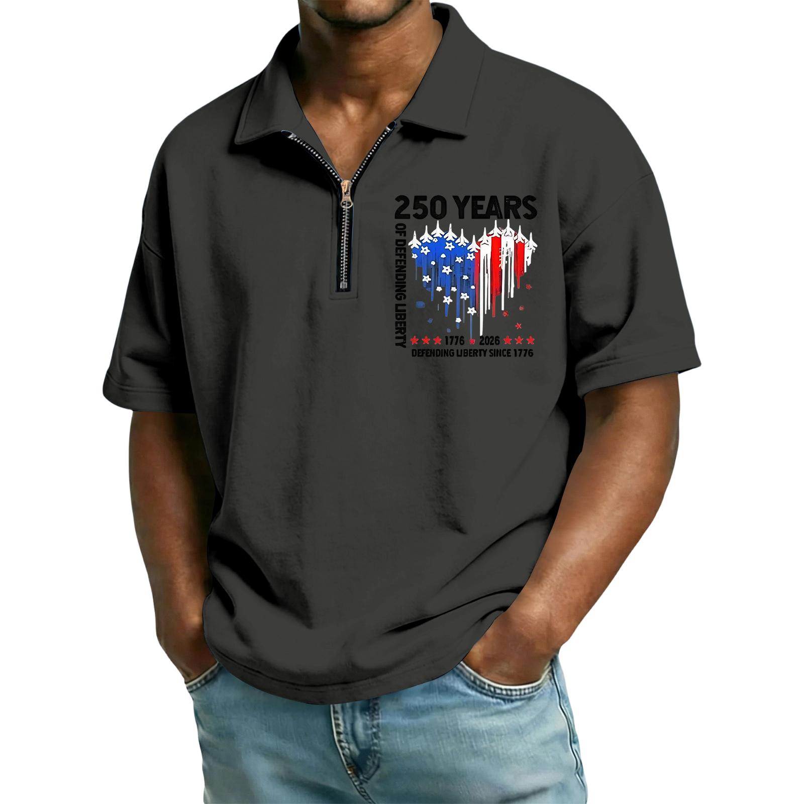 

Men’s Short Sleeve Zipper Polo Shirt 250 Years Printed Lapel Collar Top Casual Lightweight Comfortable Fit Tee M кавовий