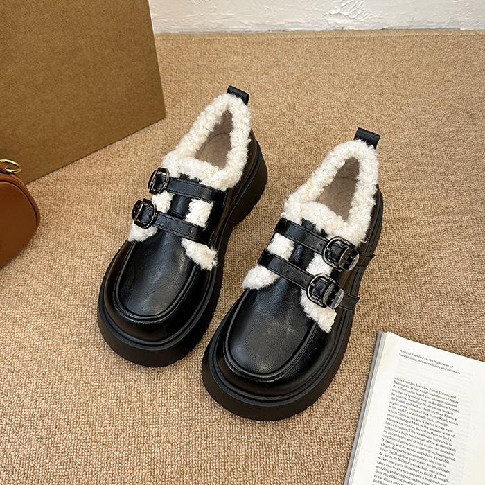 College Style Sweet and Cool Cotton Shoes Women's 2025 Autumn and Winter New British Style Heightening Strap Thick Heel Loafer Single Shoes Cotton Sh