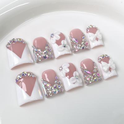 10 Pcs French Nude Pink Short Press On Nails Full Cover Rhinestone Flower Design Handmade Wearable Manicure Tips