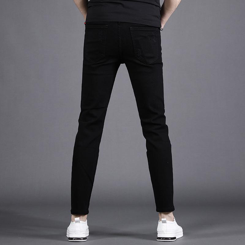 New 2024 Men's Slim-Fit Skinny Nine-Point Black Ripped Jeans for Spring/Summer.