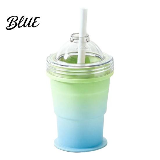 Non-breakable Ice Ball Maker Cup with Lid And Straw 2-in-1 Foldable Silicone Travel Straw Drinking Cup Portable Iced Beverage for Outdoor
