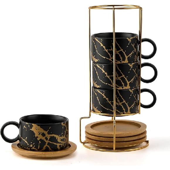 LUKA 6 Ounce Porcelain Stackable Espresso Cups with Saucers and Metal Stand Set of 4, Ceramic Cappuccino Cups Set for Specialty Coffee Drinks, Latte,