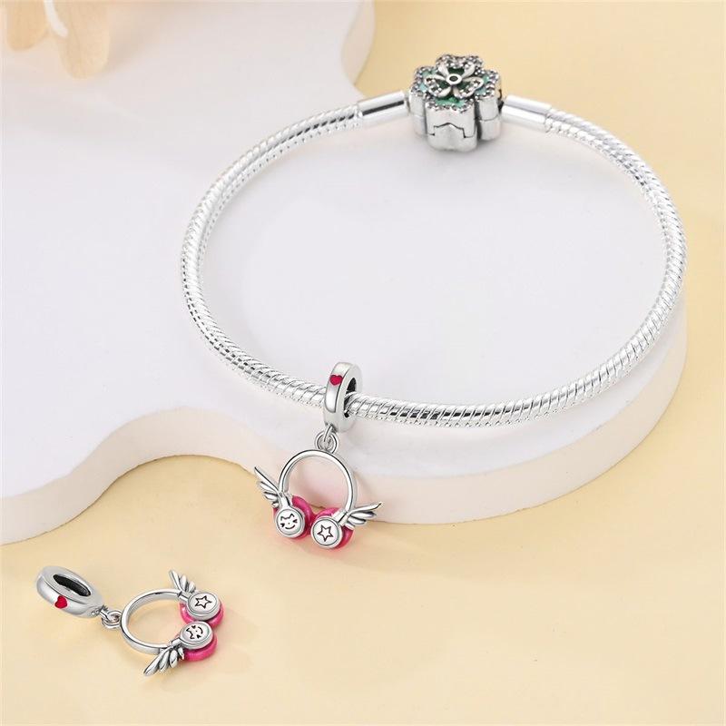 925 Silver Beaded Bracelet Headphones Tape Guitar Saxophone Pendant DIY Style Beaded Jewelry