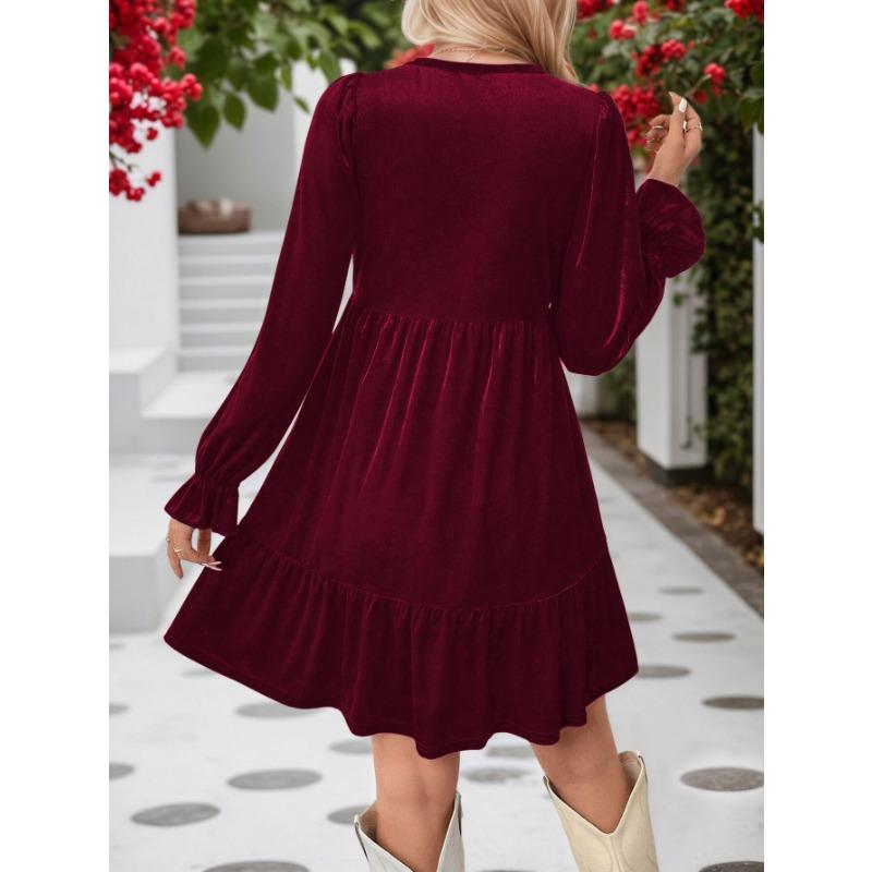 Women Elegant Velvet V Neck Long Sleeve High Waist A Line Short Dress