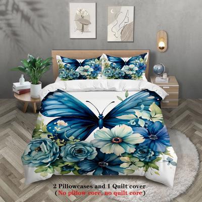 3pcs Butterfly Flower Bedding Sets 3D Printed Blue Floral Easy Care Duvet Cover Sets With Pillowcases No Filling