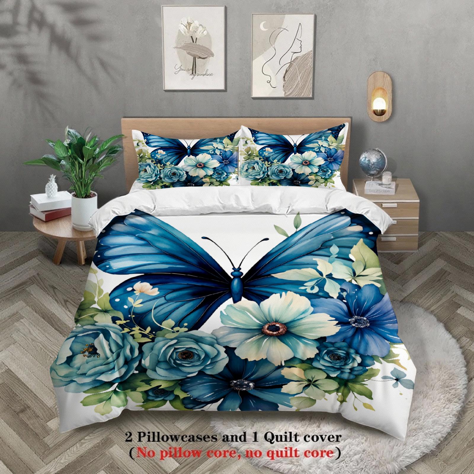 

3pcs Butterfly Flower Bedding Sets 3D Printed Blue Floral Easy Care Duvet Cover Sets With Pillowcases No Filling US Twin(172x218cm)
