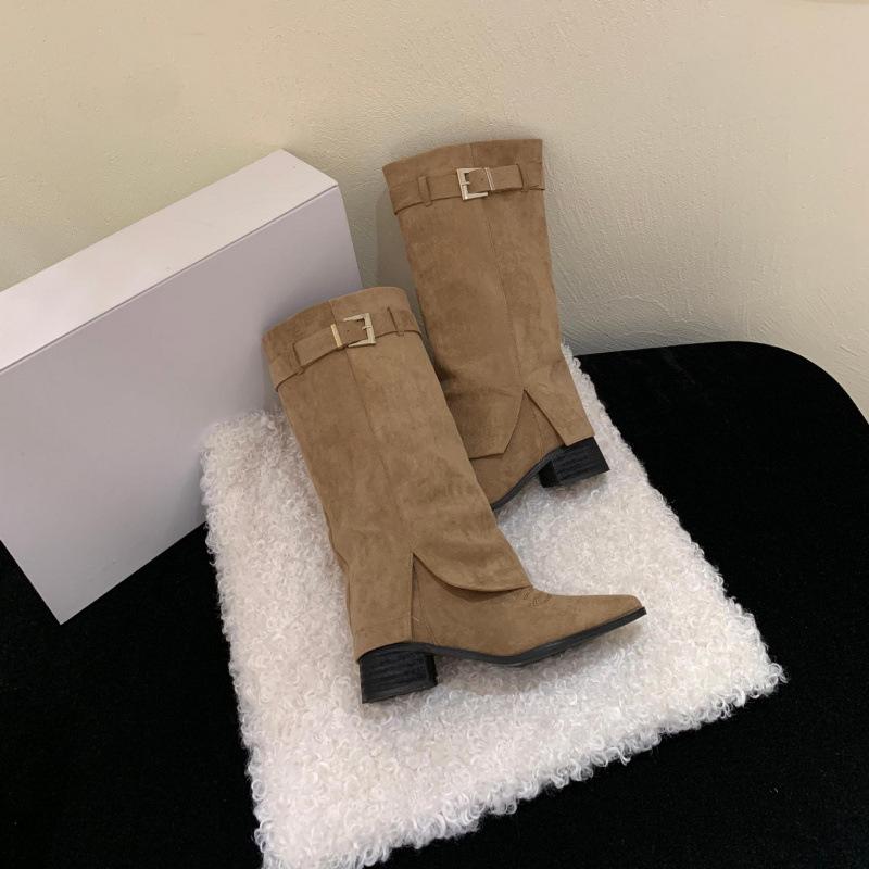 

2025 autumn and winter fashion medium heel thick heel color matching western boots but knee boots small square head high boots children 39 хаки
