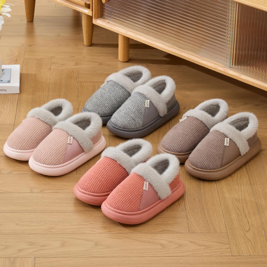 Winter Women Cotton Slippers Plush Warm Thick Bottom Slides Breathable Soft Non-slip Slippers Indoor Outdoor Men Casual Slippers