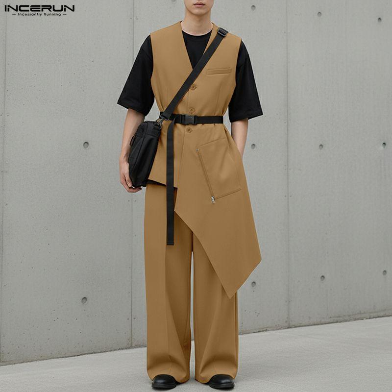 INCERUN Men Sleeveless Buttons Irregular Tops and Long Loose Pants Outfits Sets