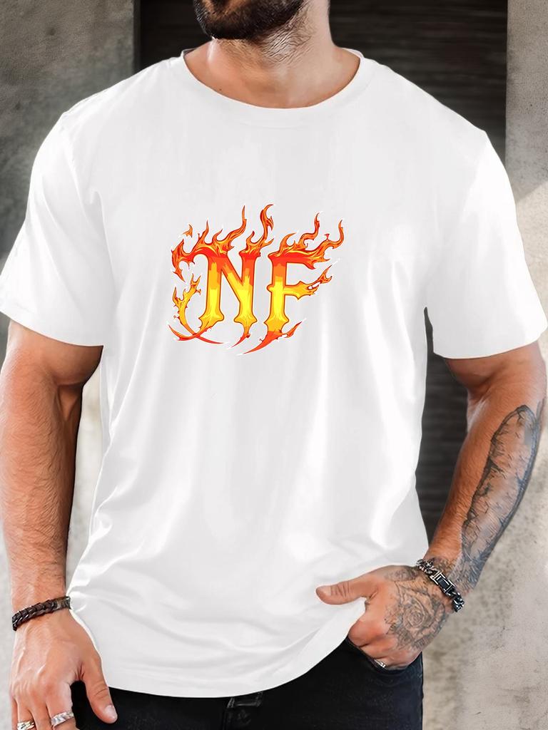 Unisex Black Crew Neck Tee Flame Style Nf Letter Graphic Hip Hop Streetwear Soft Cotton Male Casual Short Sleeve Daily Tops