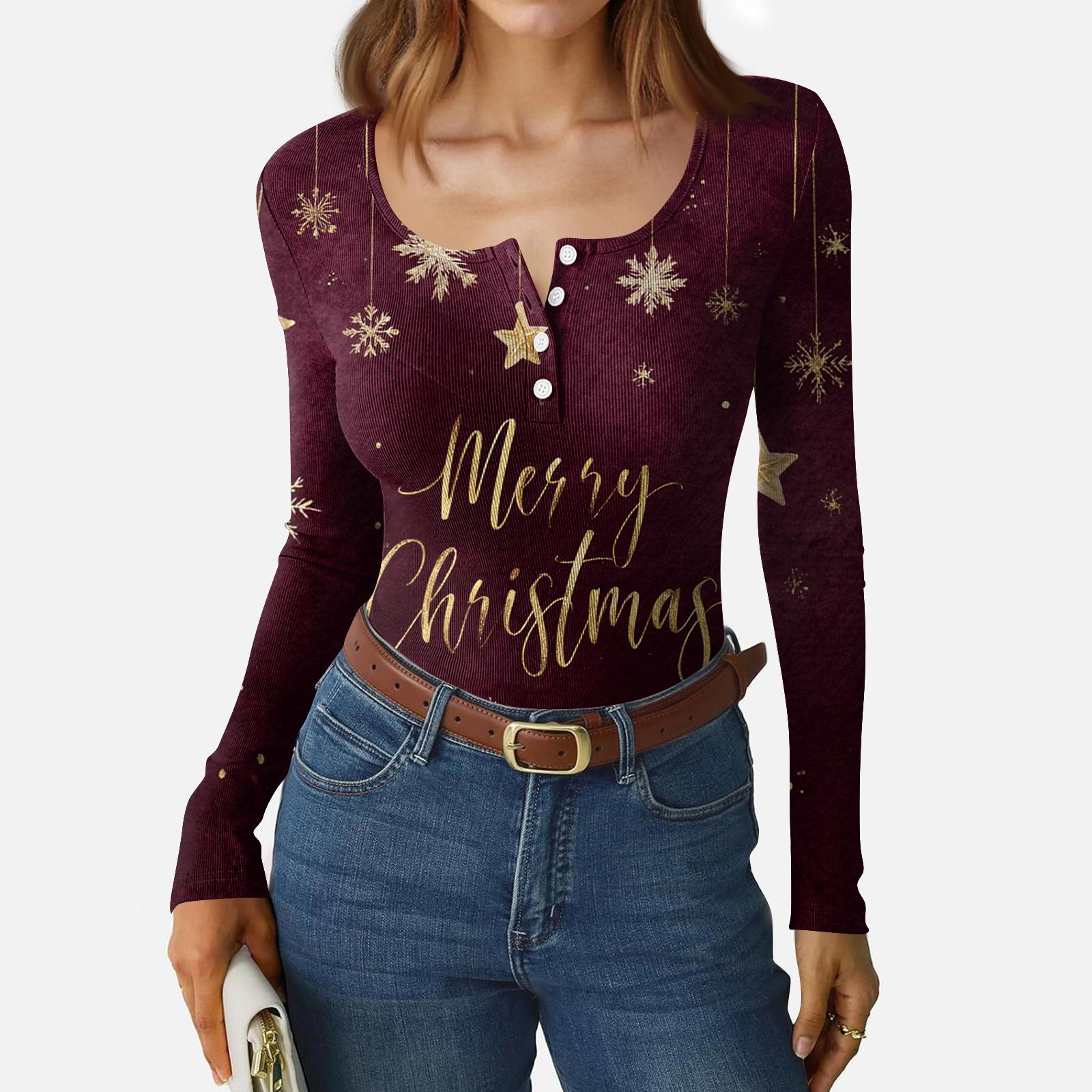 

Women s Casual Fashion Christmas Print Button Long Sleeve Top L красный