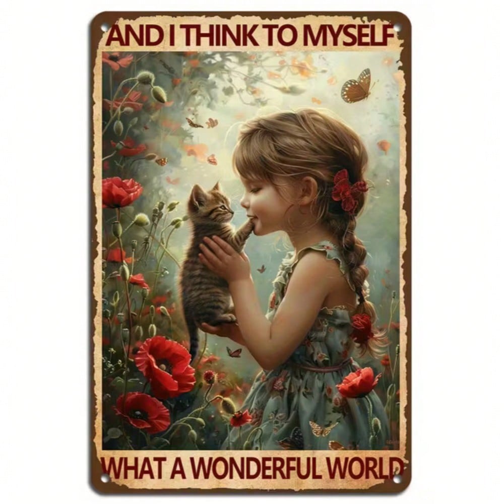 Vintage Cat Girl Wonderful World Metal Sign Fantasy Garden Wall Art 8x12 Inch Outdoor Decor