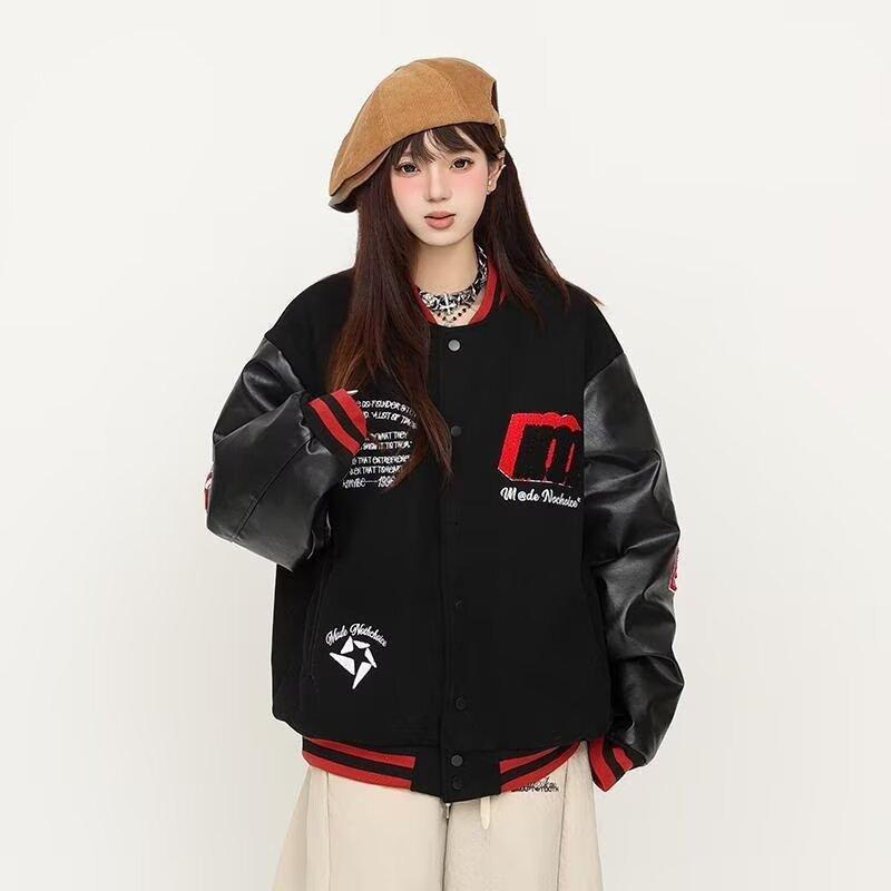 

High Street Hip Hop Fashion Jacket INS Unisex Trendy Spring Autumn Vintage American Retro Baseball Jacket M чорний