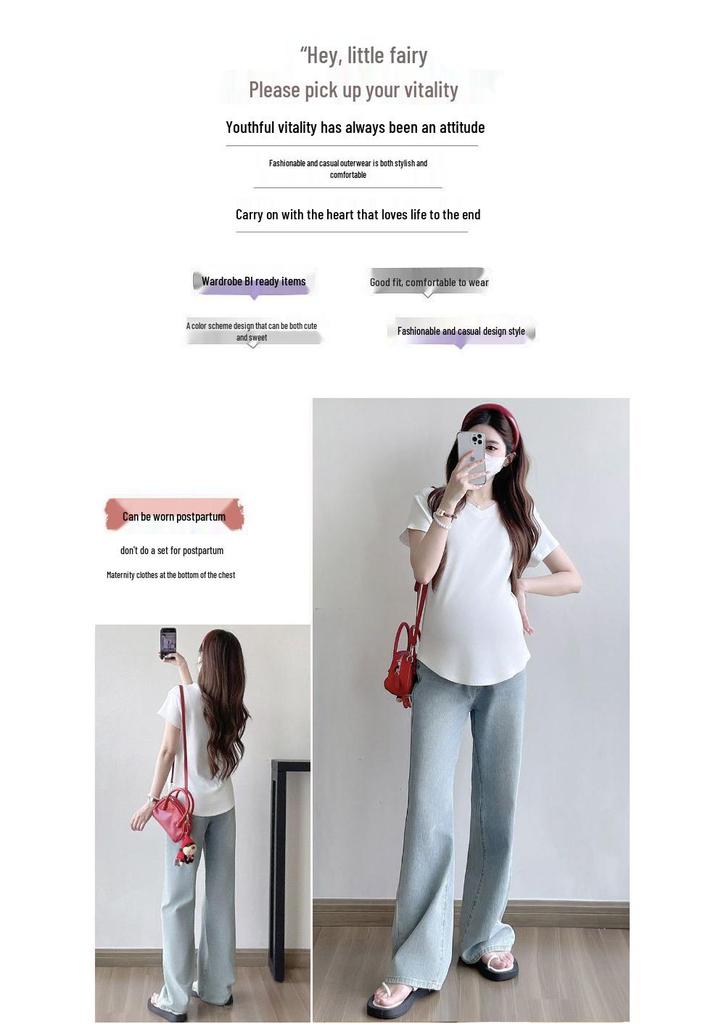 Maternity V-Neck Short Sleeve Pleated T-Shirt - Loose Fit, Belly-Covering, Solid Color, Summer Style