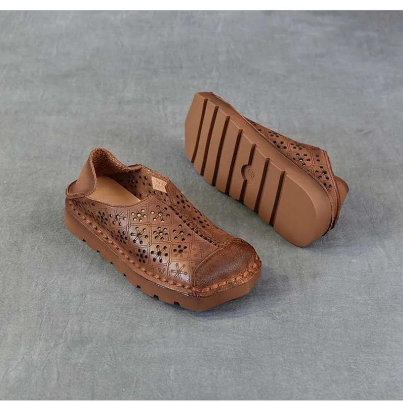 Johnature Hollow-out Breathable Flat Sandals Retro Genuine Leather Soft Soled Women's Slip-on Shoes