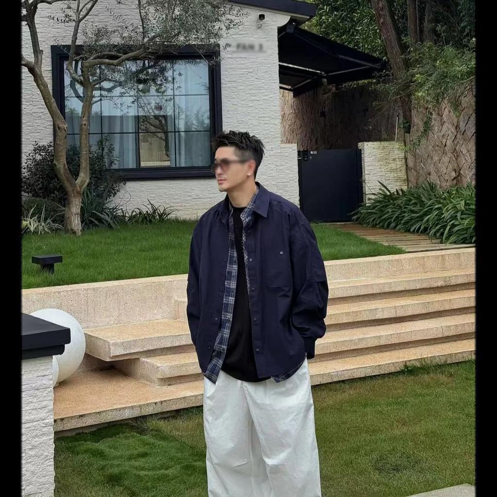 Navy Oversized Faux Shirt Jacket with Plaid Casual Street Loose for Everyday and Winter [cnstone] Men's Two-Piece Lining, Style, Fit, Wear, Spring,